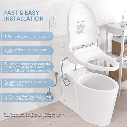 LEIVI Electric Bidet Toilet Seat with Wireless Remote and Side Panel, Multiple Spray Modes, Adjustable Heated Seat, Warm Water and Air Dryer, Auto LED Nightlight, Round
