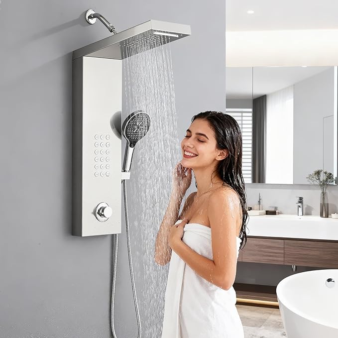Shower Panel Tower System,Rain Shower Head Rainfall Waterfall Shower,Handheld High Pressure Rain Massage System(Silver)