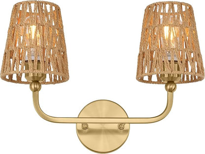 2-Light Brushed Gold Bathroom Vanity Light, Handwoven Rattan Shades | Ideal for 20-28" mirrors, 17" double wall sconce, upward only, E26 base, hardwired, bulbs not included, VL837-BG-RA-2-S