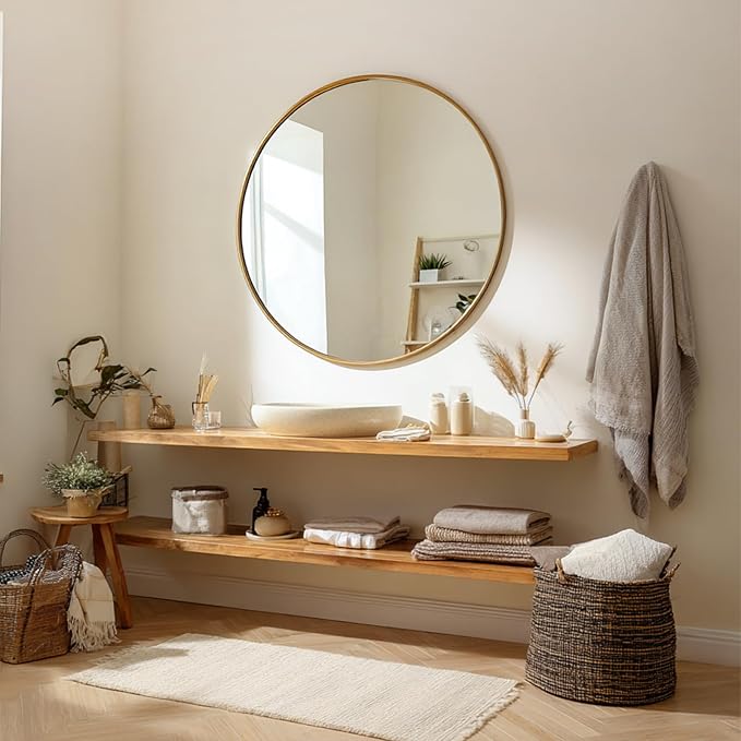 Big Round Mirror 42 inch, Gold Bathroom Mirror, Brushed Metal Frame | Brushed Gold Metal Frame, High Definition Mirror, Rust-resistant, Circle Mirrors for Living Room, Bedroom, Dressing Room