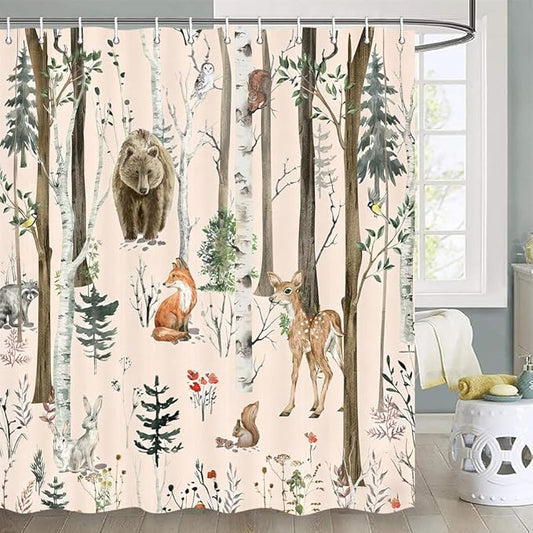 JAWO Rustic Forest Shower Curtains, Lodge Cabin Woodsy RV Shower Curtain, Wildlife Animals Woodland Campers Camping Bathroom Set with Hooks, 72X75 Inch, LightPink