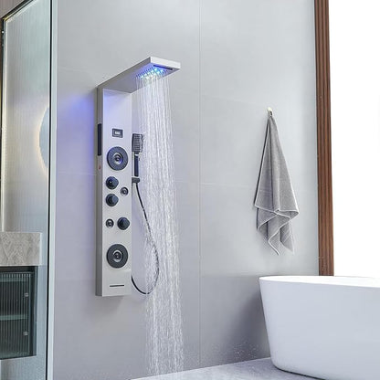 6 in 1 Shower Panel Tower System, Rainfall Shower Tower Systems w/LED and Digital Display Stainless Steel Shower Panels with Waterfall Tub Spout Massage Jets Handheld Head Nickel and Black