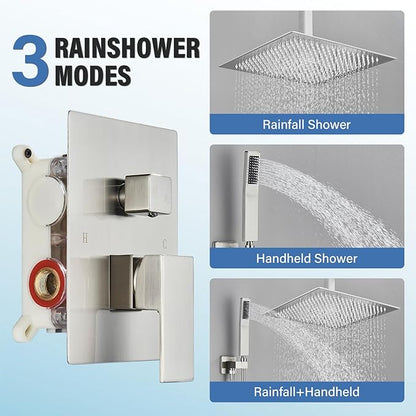 Shower Faucet Set Brushed Nickel Rain Shower System with High Pressure 12 Inches Rain Shower Head and Handheld Spray Bathroom Luxury Rain Mixer Shower Complete Combo Set Ceiling Mounted