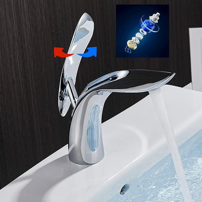 BiaoTeng Single Handle Chrome Bathroom Sink Faucets High Hot and Cold Brass Faucet for Bathroom Sink One Hole