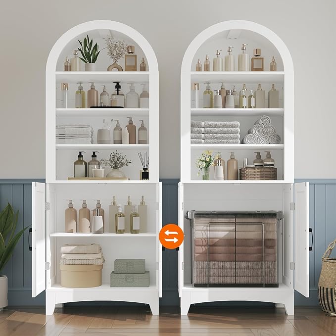 HOOBRO 67" Tall Bathroom Storage Cabinet, Arched Freestanding Floor Cabinet with 3 Adjustable Shelves and 2 Doors for Small Space, Space Saving Organizer for Bathroom, Kitchen, Living Room, White