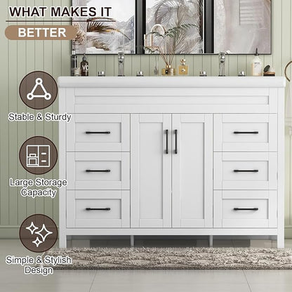 48 inch Bathroom Vanity with Double Sink, Modern Bathroom Storage Cabinet with Undermount Ceramic Sink, Soft Closing Doors and 6 Drawers, White