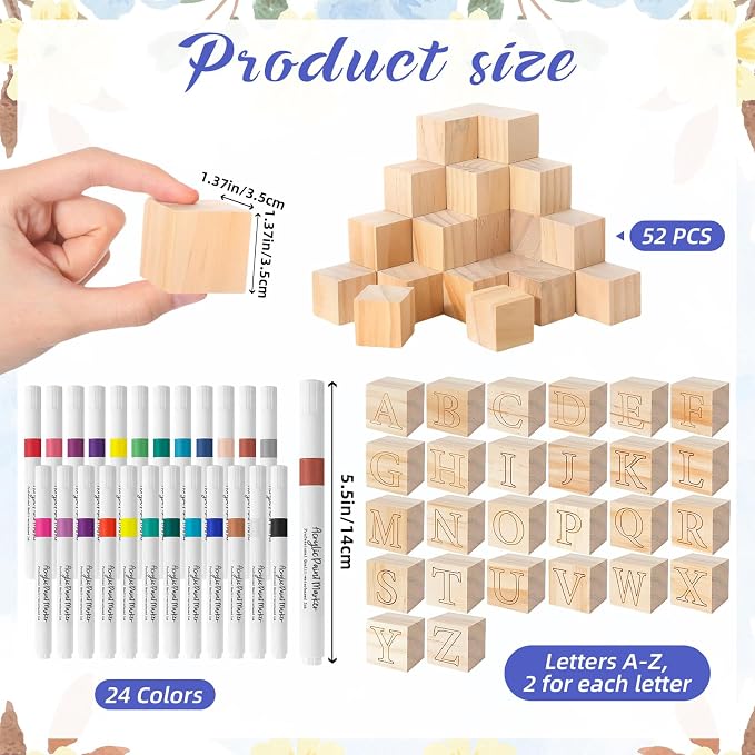 117 Pcs Baby Shower Blocks to Decorate Game Kit Includes 52 Wooden Blocks 24 Markers 1 Game Sign 40 Templates to Paint (Blue Bear)