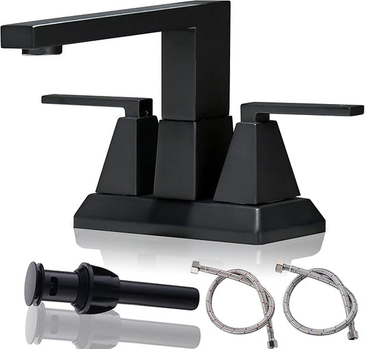 4 Inch Black Bathroom Faucets 3 or 2 Hole - 2 Handles Centerset Faucet Bathroom, Matte Black Vanity Sink Faucets with Pop-up Drain 360° Swivel Spout Suitable for RV Restroom Remodel