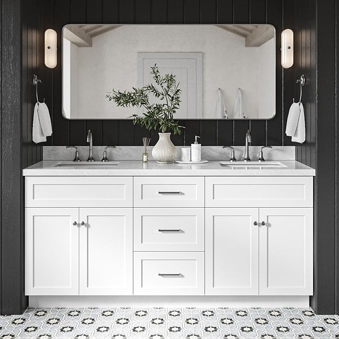 DKB Bradford 72 Inch Bathroom Vanity Double Sink — White Bathroom Vanity with Sink, 1.5" Edge Italian Carrara Marble Countertop & Backsplash, 4 Soft-Close Doors, and 3 Dovetail Drawers
