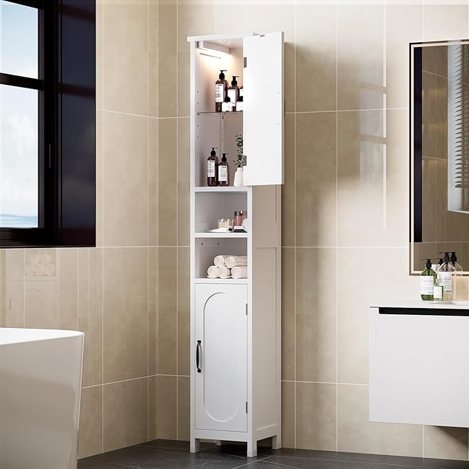 67" Tall Bathroom Storage Cabinet with Lights, Slim Narrow Bathroom Cabinet Organizer with Doors and Adjustable Shelves, Tall Cabinet for Small Space (66.9" Tall-White with Light) | with Lights, Slim, Narrow, with Doors, Adjustable Shelves, Tall Cabinet