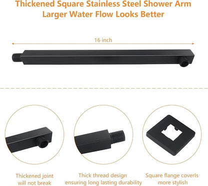 Shower Head with Extension Arm, High Pressure Square with ShowerArm, Stainless Steel Rainfall -Waterfall Full Body Coverage (12'' Shower with 16'' Arm, Matte Black)
