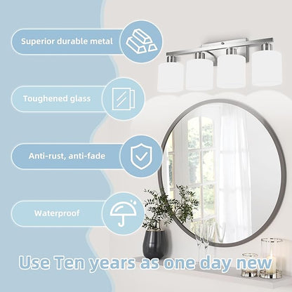 SILAMPDI 4-Light Bathroom Lighting Fixtures Over Mirror, Brushed Nickel Bathroom Vanity Light, Modern Rustproof Wall Sconce Lights, Milky White Frosted Glass Shades, E26 Base, Bulbs Not Included