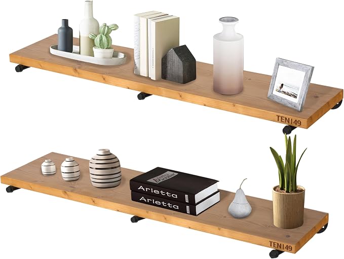 TEN49 48" Real Wood Floating Shelves for Wall - Set of 2 - Industrial Pipe Shelf Brackets - Rustic Farmhouse Wall Shelving - Light Walnut Wood - Kitchen, Bathroom, Living Room Heavy Duty Decor Art