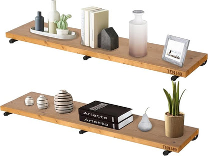TEN49 48" Real Wood Floating Shelves for Wall - Set of 2 - Industrial Pipe Shelf Brackets - Rustic Farmhouse Wall Shelving - Light Walnut Wood - Kitchen, Bathroom, Living Room Heavy Duty Decor Art