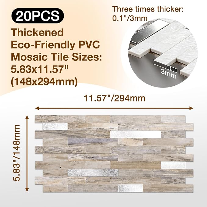 Peel and Stick Backsplash Tile Waterproof Removable PVC Wall Sticker 3D Faux Stone Marble Brick White Accent Panels (Gray - Yellow Stone - Metal Silver, 20 Tiles - 9 sq. ft. (0.84 M²))