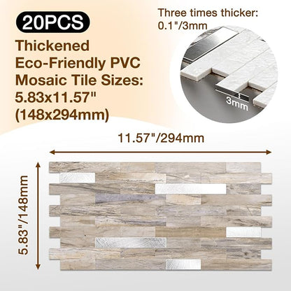 Peel and Stick Backsplash Tile Waterproof Removable PVC Wall Sticker 3D Faux Stone Marble Brick White Accent Panels (Gray - Yellow Stone - Metal Silver, 20 Tiles - 9 sq. ft. (0.84 M²))