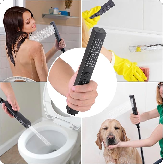 All-Metal High Pressure Square Handheld Shower Head with Jet Spray and Rainfall Modes, Volume Control Regulator, ON/OFF Switch, Hose and Wall Mounted Adjustable Bracket (Matt Black)