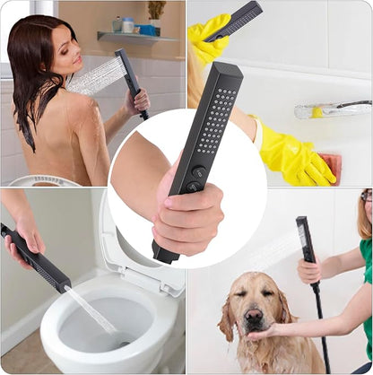 All-Metal High Pressure Square Handheld Shower Head with Jet Spray and Rainfall Modes, Volume Control Regulator, ON/OFF Switch, Hose and Wall Mounted Adjustable Bracket (Matt Black)