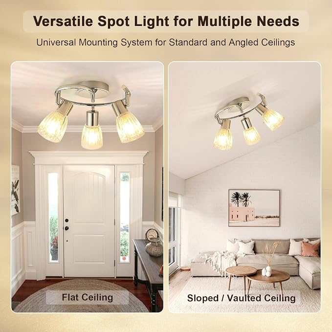 HiBay 3-Light Ceiling Light Fixture Adjustable Modern Chrome Track Lighting | with Glass Shades, Flush Mount Ceiling Spotlight Indoor for Kitchen, Bedroom, Living Room, E12 Base, No Bulbs