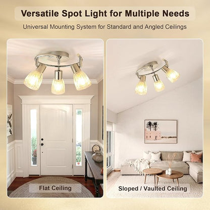 HiBay 3-Light Ceiling Light Fixture Adjustable Modern Chrome Track Lighting | with Glass Shades, Flush Mount Ceiling Spotlight Indoor for Kitchen, Bedroom, Living Room, E12 Base, No Bulbs