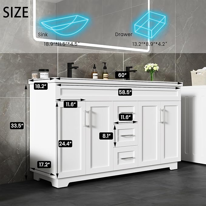 60 Inch Bathroom Vanity with Sink,Modern Solid Wood Bathroom Storage Vanity w/Undermount Double Sink, Quick Assemble Cabinet w/Soft Closing Doors & Full Extension Drawers,White