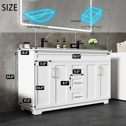 60 Inch Bathroom Vanity with Sink,Modern Solid Wood Bathroom Storage Vanity w/Undermount Double Sink, Quick Assemble Cabinet w/Soft Closing Doors & Full Extension Drawers,White