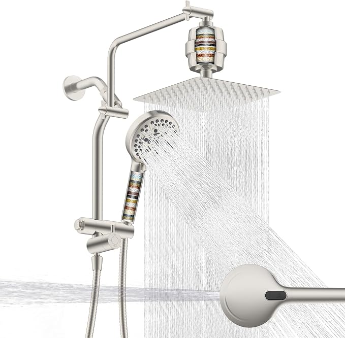 Metal 10" Filtered Rainfall Showerhead Combo, Easy Reach, Brushed Nickel | 4-Way Diverter with Pause Mode, High Pressure Shower Head with 10-Spray Handheld, 71" Hose/12" Extension Arm/Holder