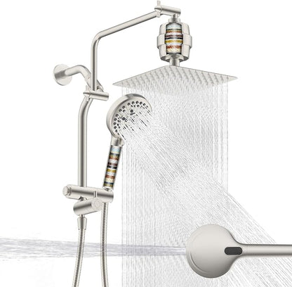 Metal 10" Filtered Rainfall Showerhead Combo, Easy Reach, Brushed Nickel | 4-Way Diverter with Pause Mode, High Pressure Shower Head with 10-Spray Handheld, 71" Hose/12" Extension Arm/Holder