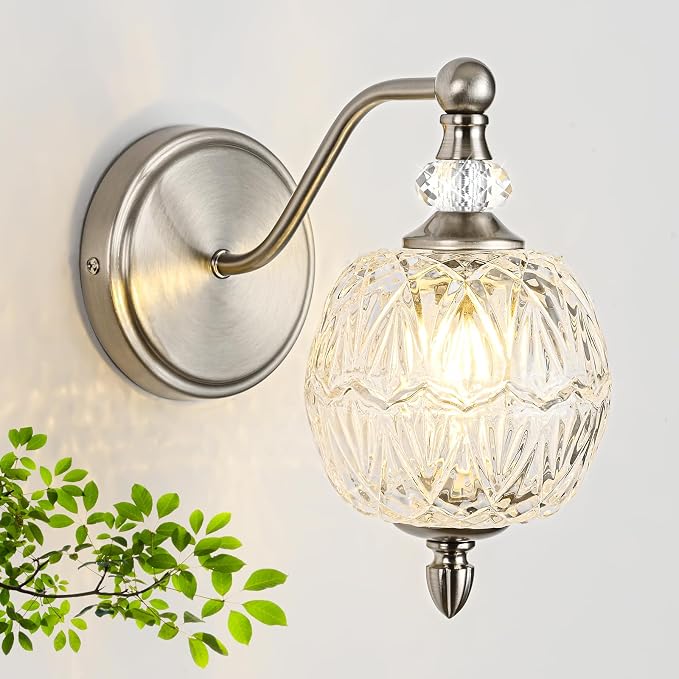 1 Piece Brushed Nickel Wall Sconce, 1-Light Mid Century Modern Brushed Nickel Finish Wall Sconce with Globe Glass Shade, Modern Light for Bathroom, Bedroom, Living Room,Powder Room