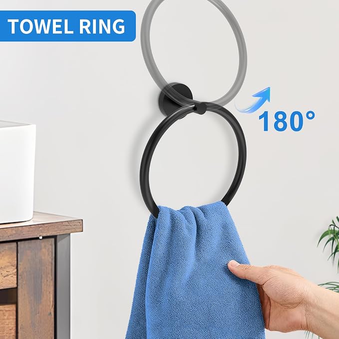 Matte Black Bathroom Accessories, Bathroom Hardware Set, SUS304 Stainless Steel Bathroom Towel Bar Set with 24 Inch Towel Holder, 2 Towel Hooks, Toilet Paper Holder, Towel Ring