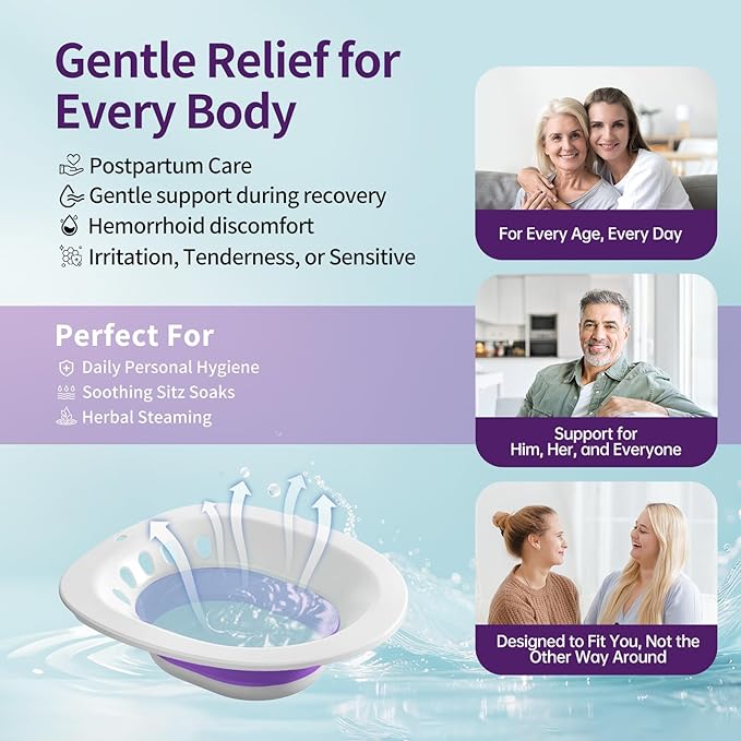RUGUO Sitz Bath for Toilet Seat - Yoni Steam Seat - Sitz Bath for Hemorrhoids and Postpartum Care - Portable Bidet BPA Free - Foldable Basin for Epsom Salt Soak - Amethyst