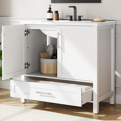 IDEALHOUSE 30" Bathroom Vanity with Sink, Freestanding Wooden Bathroom Vanity Cabinet with Soft-Closing Door and Metal Handle, Modern Floor Standing Storage for Small Spaces,White | White Bathroom Vanity With Sink & Adjustable Foot, Storage Cabinet Wit...