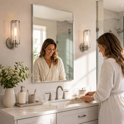 24"x36" Brushed Nickel Framed Rectangle Bathroom Vanity Wall Mirror | Over-Sink Vanity Mirror, Slim Metal Frame, Entryway or Dresser Use, Vertical/Horizontal Mount, Tempered Glass