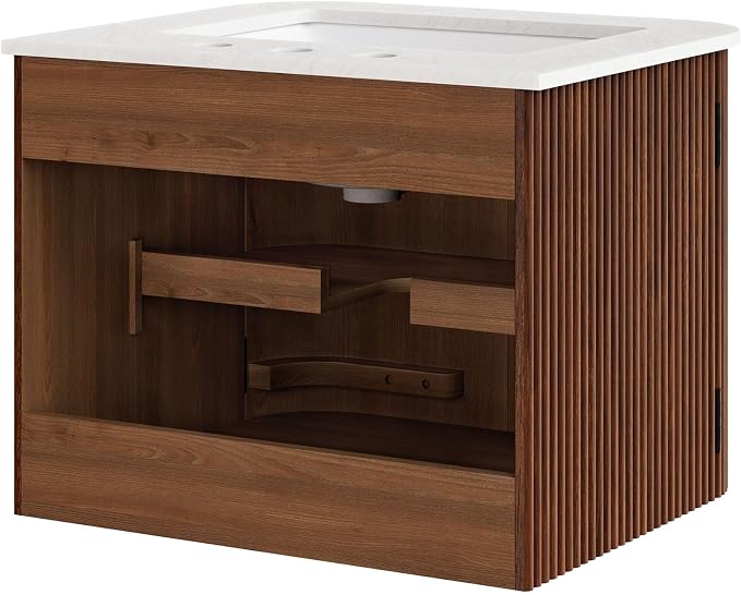 Modway Zia 24 inch Wall-Mount Bathroom Vanity in Walnut with Marble Sink Basin - Floating Bathroom Cabinet with Fluted Design