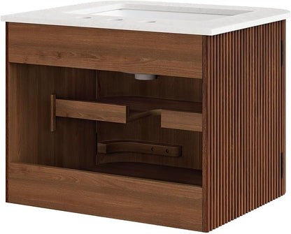 Modway Zia 24 inch Wall-Mount Bathroom Vanity in Walnut with Marble Sink Basin - Floating Bathroom Cabinet with Fluted Design