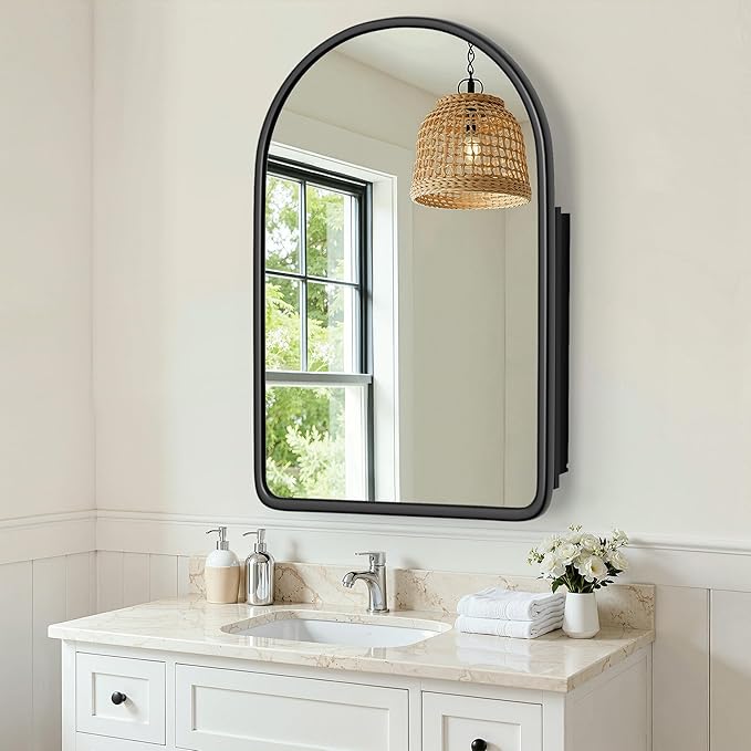 Casaphoria 36" H x 24" W Arched Bathroom Medicine Cabinet with Mirror, Wooden Frame and 2 Adjustable Shelves Wall Medicine Cabinets Mirrors, Black