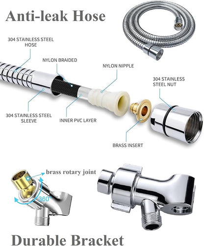 BOWGER Shower Head with Handheld High Pressure Multi-Function 7 modes, Built-in Power Wash to Clear Tub, Tile & Pets, 5” High Flow Hand Held Rain Showerhead with Extra Long Hose and Adjustable Bracket