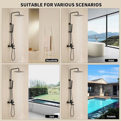 Exposed Shower System 10" Matte Black Rainfall Shower Head with 2 Modes Handheld and Tub Faucet Set, Square Shower Head 3 Functions Outdoor Shower Fixtures with Brass Valve, Height Adjustable