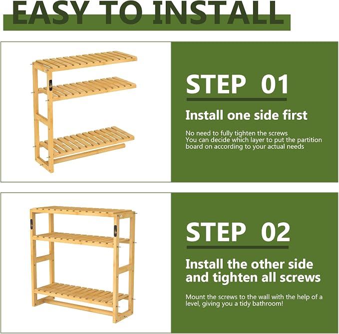Galood Over The Toilet Storage Bathroom Shelves Wall Mounted 3 Tier Yellow | Space Saver Corner Shelf Organizer Bamboo Towel Rack Toilet Paper Cabinet with Hanging Rod