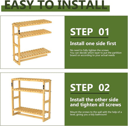 Galood Over The Toilet Storage Bathroom Shelves Wall Mounted 3 Tier Yellow | Space Saver Corner Shelf Organizer Bamboo Towel Rack Toilet Paper Cabinet with Hanging Rod