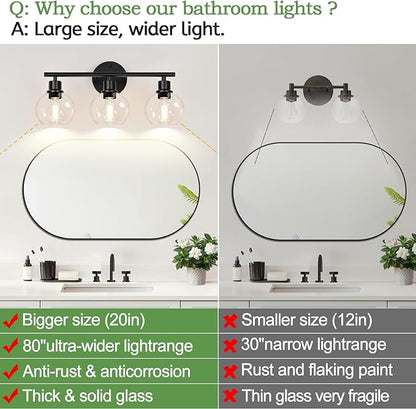 3-Light Bathroom Light Fixtures, Black Bathroom Lights Over Mirror with Clear Glass Globe Shade, Vanity Lights for Bathroom Kitchen Living Room Hallway Cabinet Bedroom Porch.