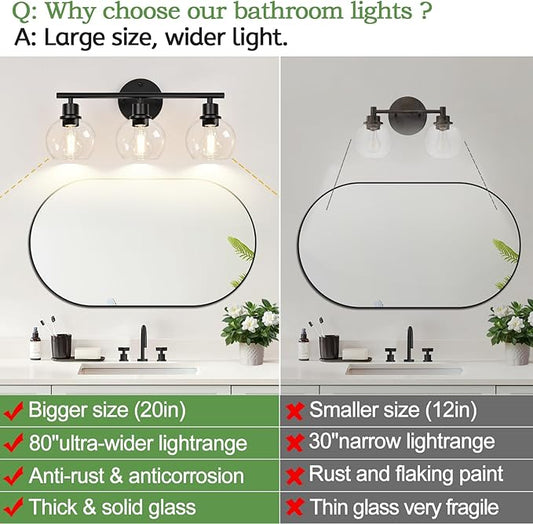 3-Light Bathroom Light Fixtures, Black Bathroom Lights Over Mirror with Clear Glass Globe Shade, Vanity Lights for Bathroom Kitchen Living Room Hallway Cabinet Bedroom Porch.