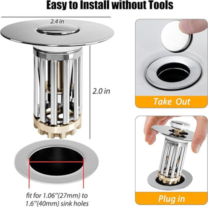 Anlige Bathroom Sink Drain Strainer, 3 in 1 Pop Up Bathroom Sink Stopper with Removable Brass Basket Hair Catcher, Universal Sink Plug for 1.06 to 1.6in Drain Hole, Chrome Silver