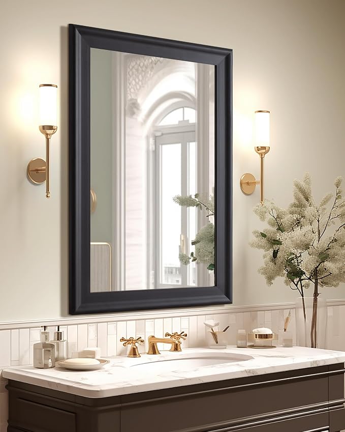 Black Wall Mirror for Bathroom,Rectangle Rustic 24 x 36 inch Vanity Mirrors | Hanging Mirror with Wood Grain Pattern for Living Room,Bedroom,Entryway