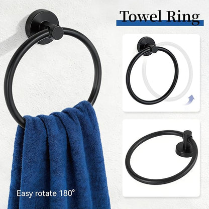 HOMOTEK 4 Pieces Bathroom Accessories Hardware Set, 24 inch Towel Bar, Towel Ring, Robe Hook, Toilet Paper Holder, Stainless Steel Rack Kit Wall Mounted, Matte Black