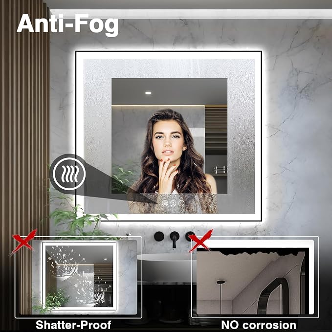 EchosLife 36x36 Square LED Bathroom Mirror - Black Aluminum Framed | Black Frame, Front and Backlit, Anti-Fog, Stepless Dimmable, 3 Colors, Memory, Tempered Glass, UL Listed, Horizontal/Vertical