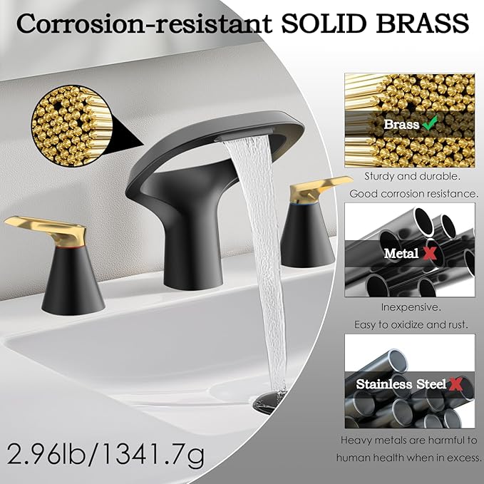 Black Bathroom Faucet 3 Hole, Modern Faucet for Bathroom Sink with Adjustable Spout, Solid Brass 8 Inch Widespread Waterfall Bathroom Faucets with Water Supply Hoses and 2 Gold Handles