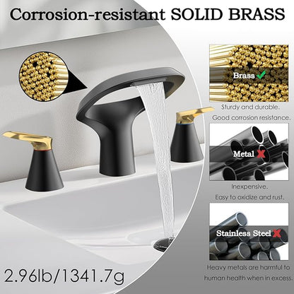 Black Bathroom Faucet 3 Hole, Modern Faucet for Bathroom Sink with Adjustable Spout, Solid Brass 8 Inch Widespread Waterfall Bathroom Faucets with Water Supply Hoses and 2 Gold Handles