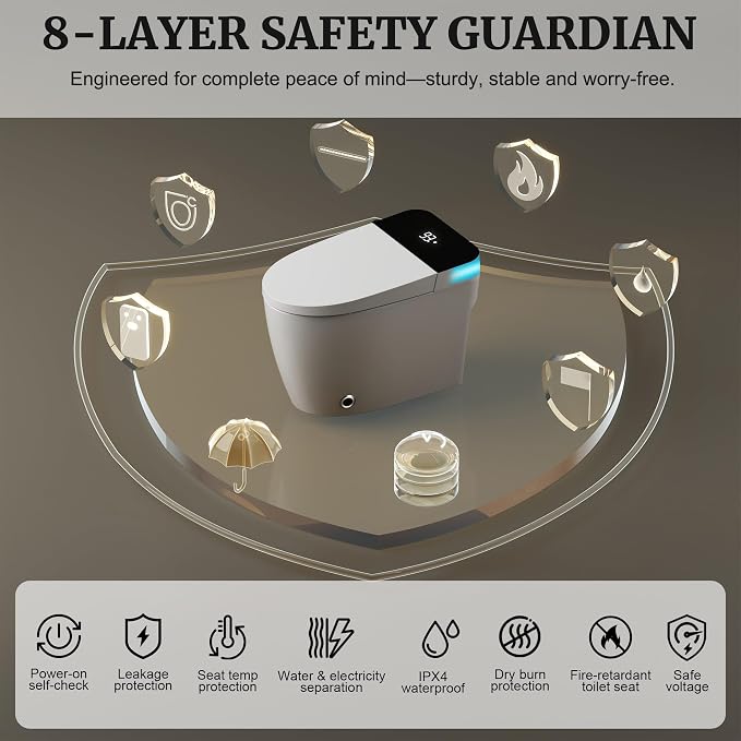 Smart Toilet with Heated Seat & Dual Auto Flush, Foot Sensor, Tankless One-Piece Electric Toilet with Manual Soft-Close Seat & Lid, Night Light, LED Display & 1000g Powerful Flush, 0.8/1.28GPF