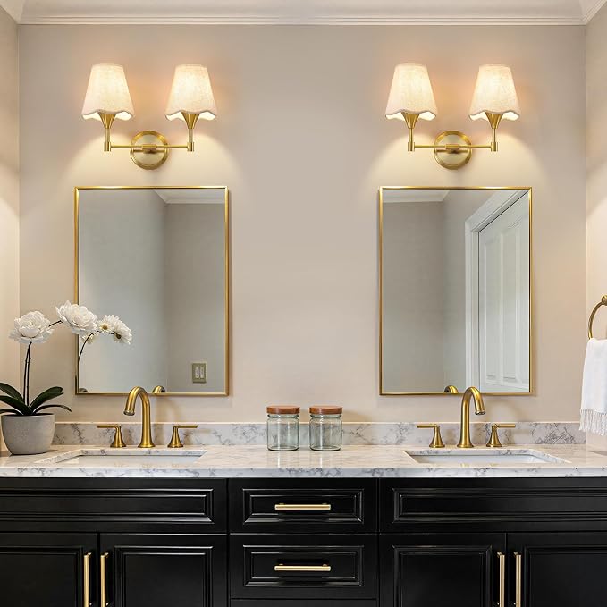 Gold Bathroom Vanity Light Fixtures: Brushed Gold Vanity Lights Over Mirror with Flared Fabric Shade, Modern Bathroom Lighting Fixtures, 2 Light Wall Sconces Lighting for Bedroom Hallway Living Room